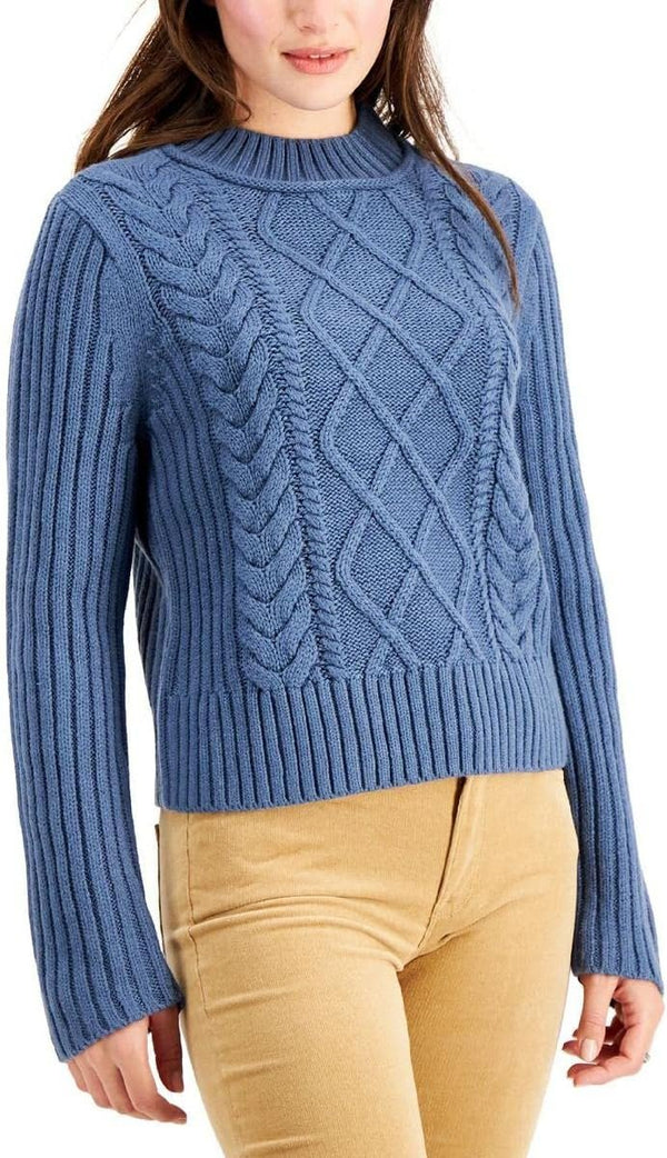 Tommy Hilfiger Womens Cable Knit Ribbed Trim Funnel-Neck Sweater Blue XL