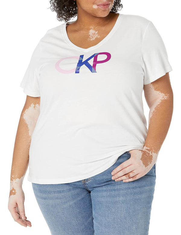 Calvin Klein Performance Women's Plus Size Colorblock CKP Logo Short Sleeve V Neck Tee, White, 2X