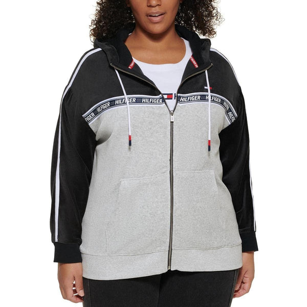 Tommy Hilfiger Sport Womens Plus Velour Colorblock Hoodie B/W 0X