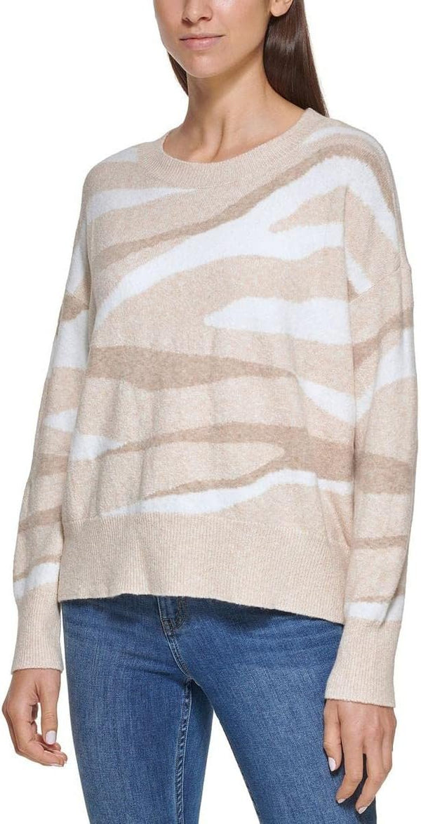 Calvin Klein Womens Intarsia Zebra Ribbed Trim Crewneck Sweater