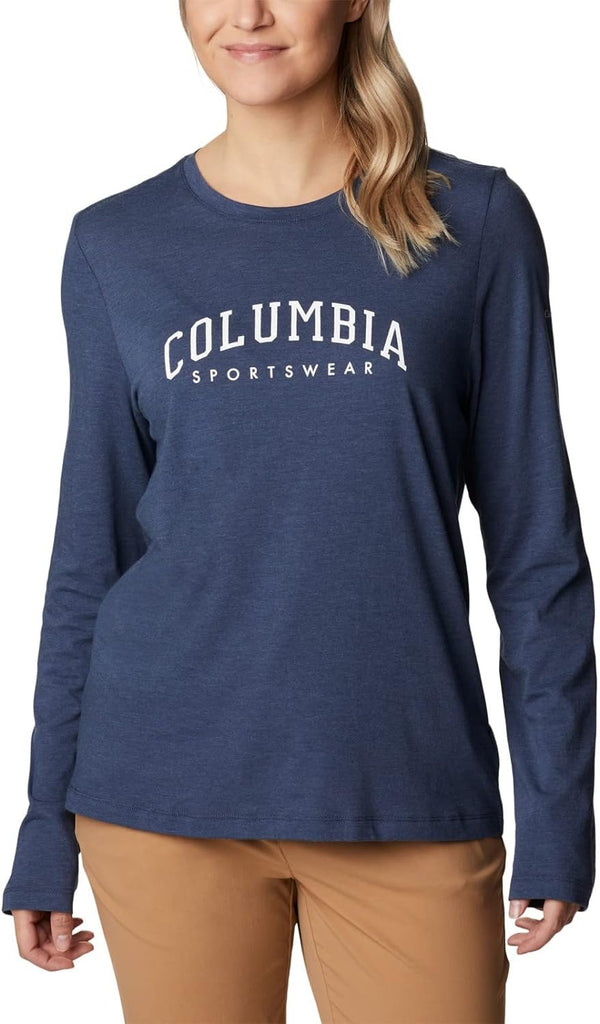 Columbia Women's Trek Relaxed Long Sleeve T-Shirt, Nocturnal Heather/Columbia Varsity Arch, 1X