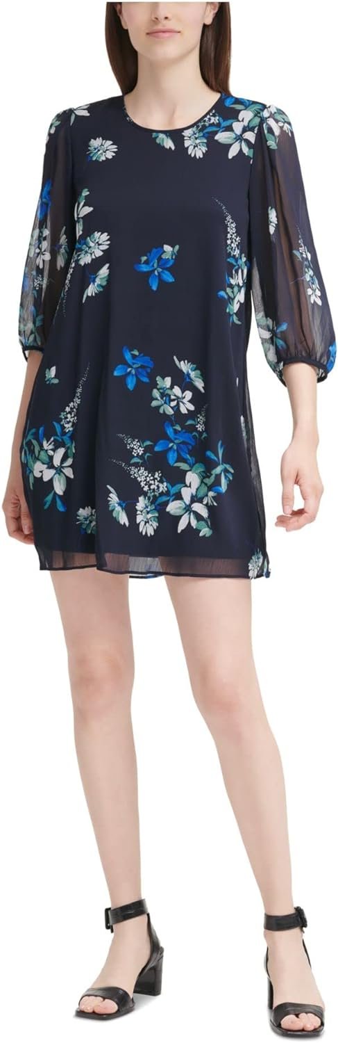 Calvin Klein Womens Navy Sheer Lined Back Button Closure Floral Balloon Sleeve Round Neck Mini Party Shift Dress Petites 0P