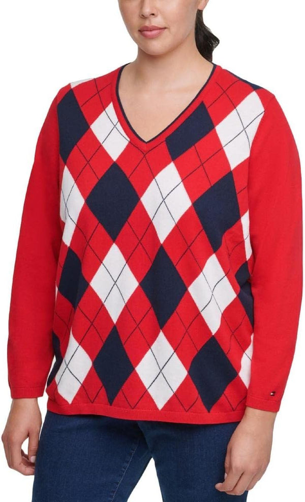 Tommy Hilfiger Womens Plus Cotton Knit V-Neck Sweater Red 2X