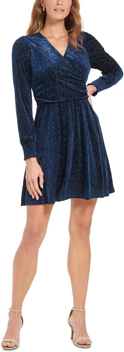 Tommy Hilfiger Womens Petites Velvet Mini Fit & Flare Dress Navy 12P