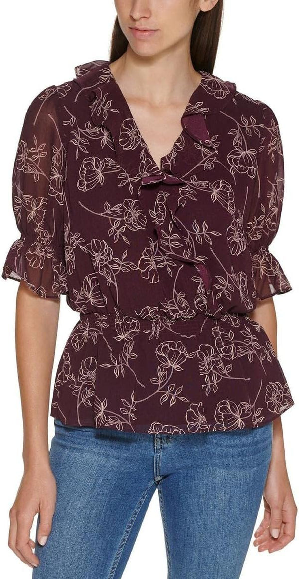 Calvin Klein Womens Ruffled Floral Blouse