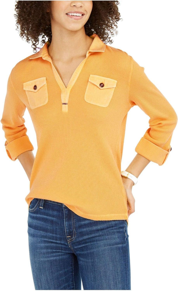 Tommy Hilfiger Womens Yellow Waffle Knit Long Sleeve Collared Blouse Top Size S