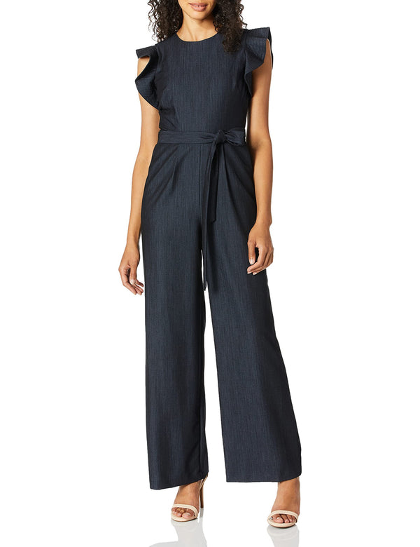 Calvin Klein Womens Pocketed Zippered Tie Belt Leg Jumpsuit Blue Chambray 2