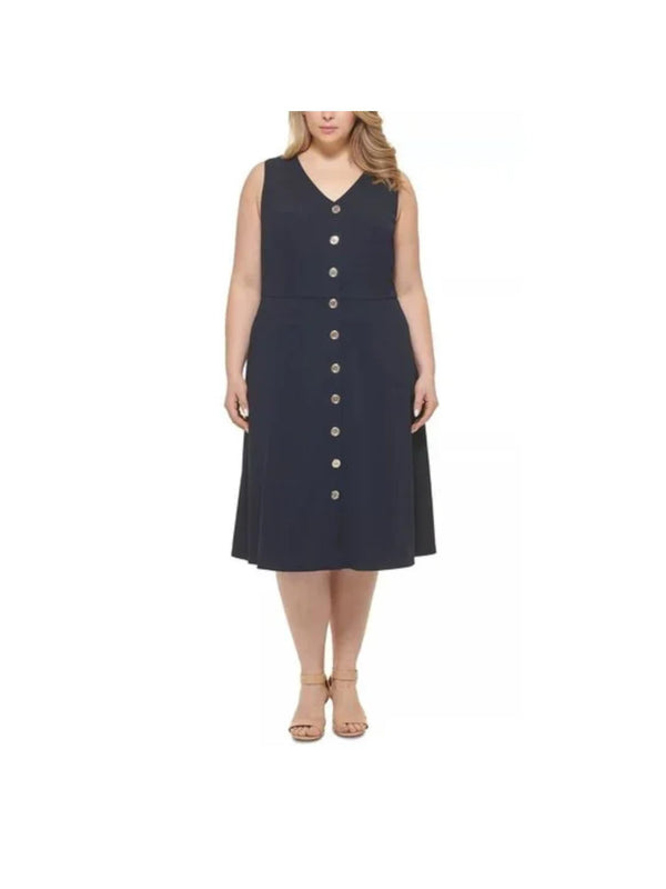 Tommy Hilfiger Womens Plus V-Neck Mid Calf Midi Dress, Navy, 14W