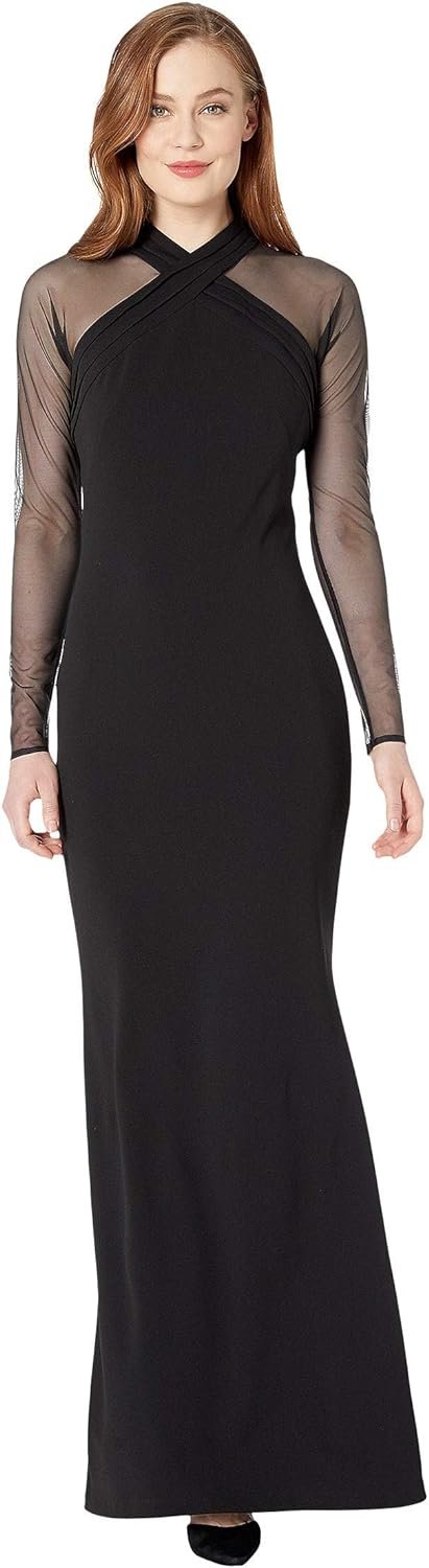 Calvin Klein Women's Cross Neck Gown w/Illusion Sleeve Black 8