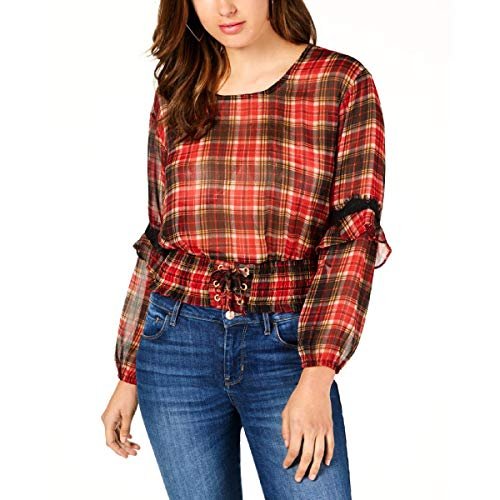 Guess Women's Long Sleeve Madrid Lace Up Waist Top, Madison Plaid Sultry red/Multi, XS