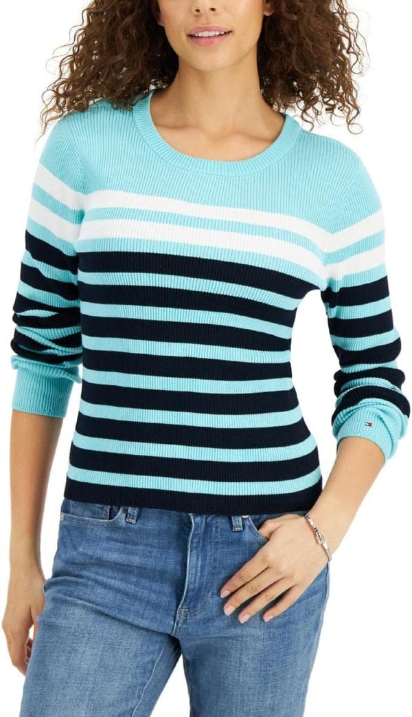 Tommy Hilfiger Womens Ribbed Striped Crewneck Sweater Green M, Mint Multi