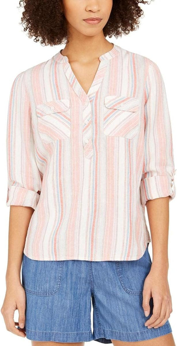 Tommy Hilfiger Womens Linen Blend Striped Henley Top Multi XXL