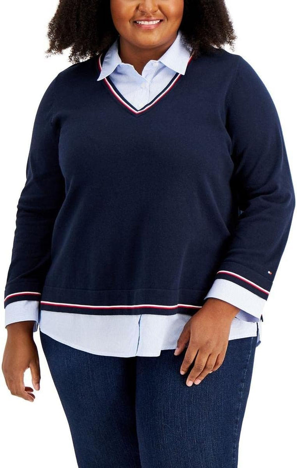 Tommy Hilfiger Womens Plus Layered Collared Pullover Sweater Navy 1X