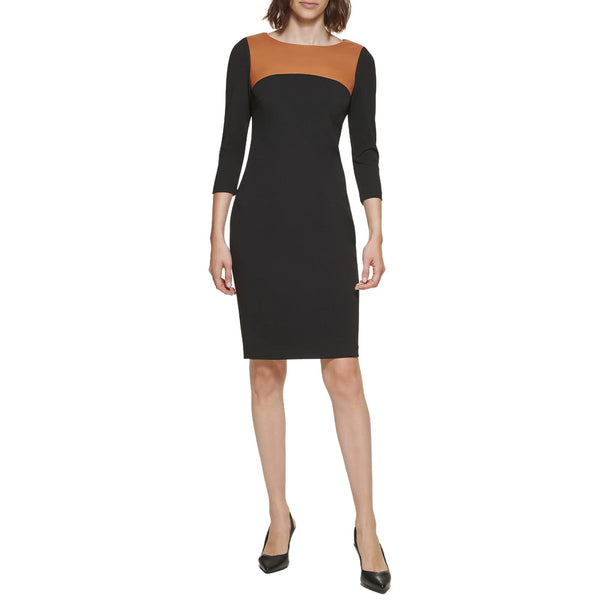 Calvin Klein Faux-Leather-Yoke Sheath Dress, Black, 2